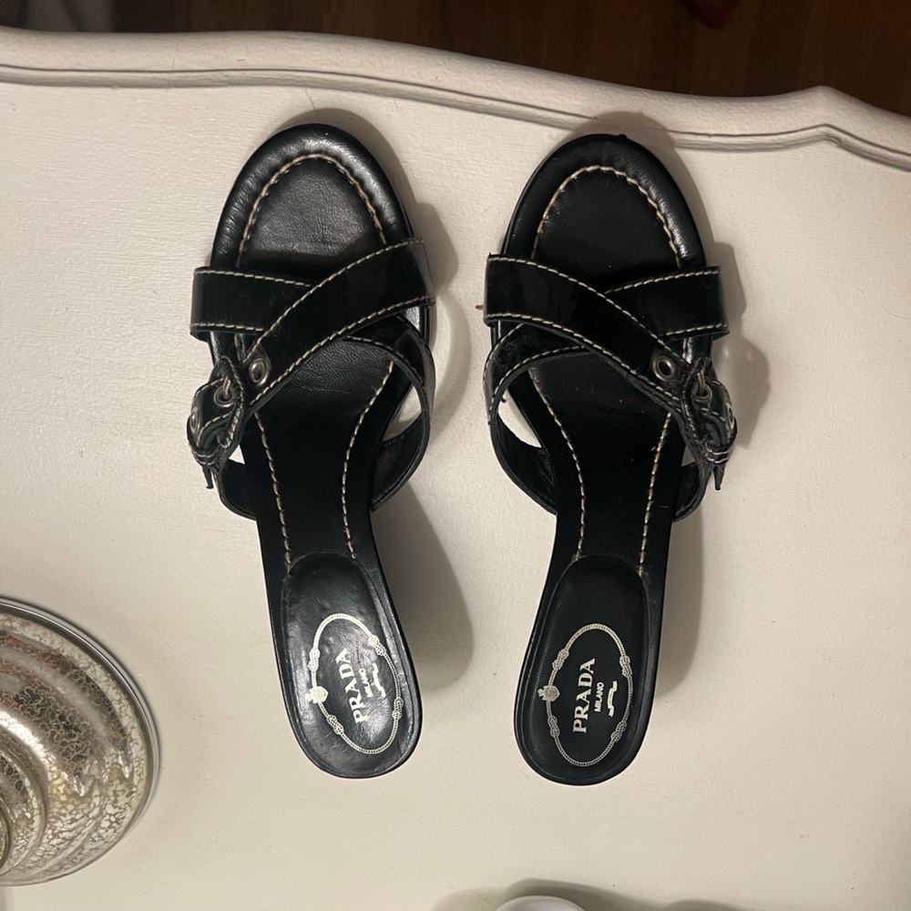 mini wedged black leather prada sandals